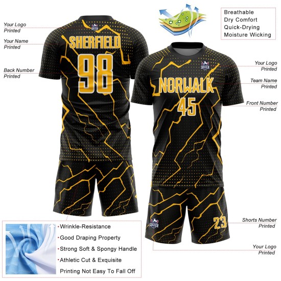 Gold-White Lightning Soccer Custom Uniform Black Sublimation Jersey Sports
